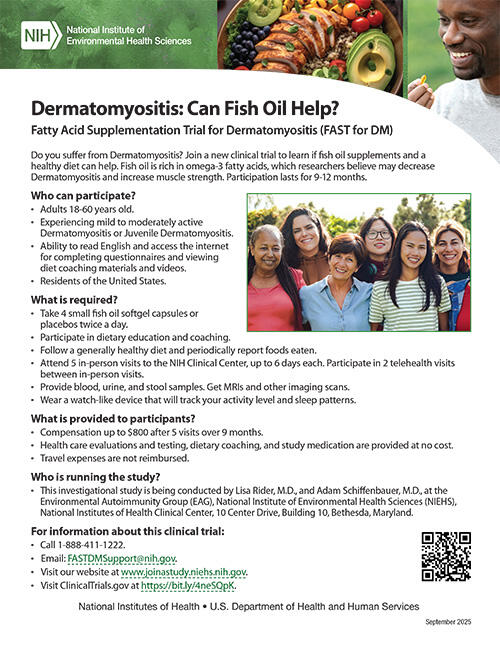 Fatty Acid Supplementation Trial (FAST) for Dermatomyositis (DM) study flyer